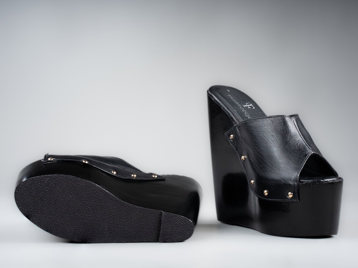 Amber wedge mule, rubber sole base and tapered wood wedge
