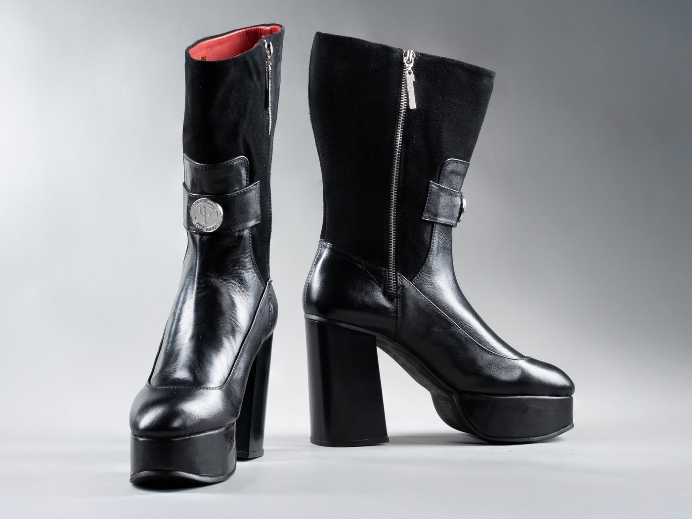 Valentina Black, three-quarter view showing full-grain leather with suede panels