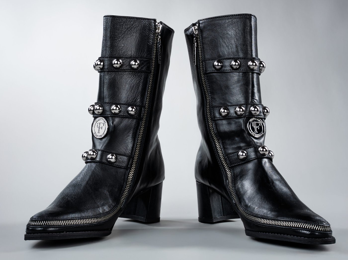 Vivienne Black, front view showing solid brass studs and 3 inch heel