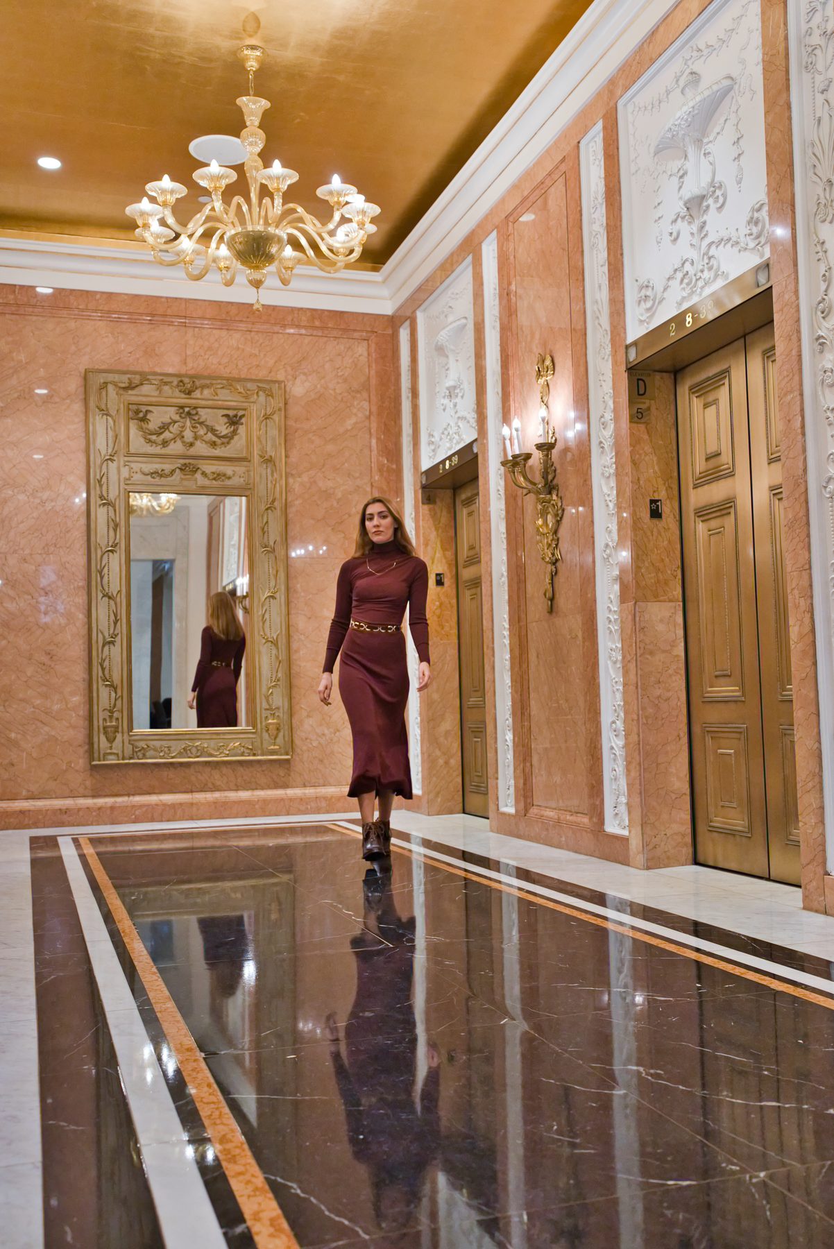 Oxblood midi in the corridor