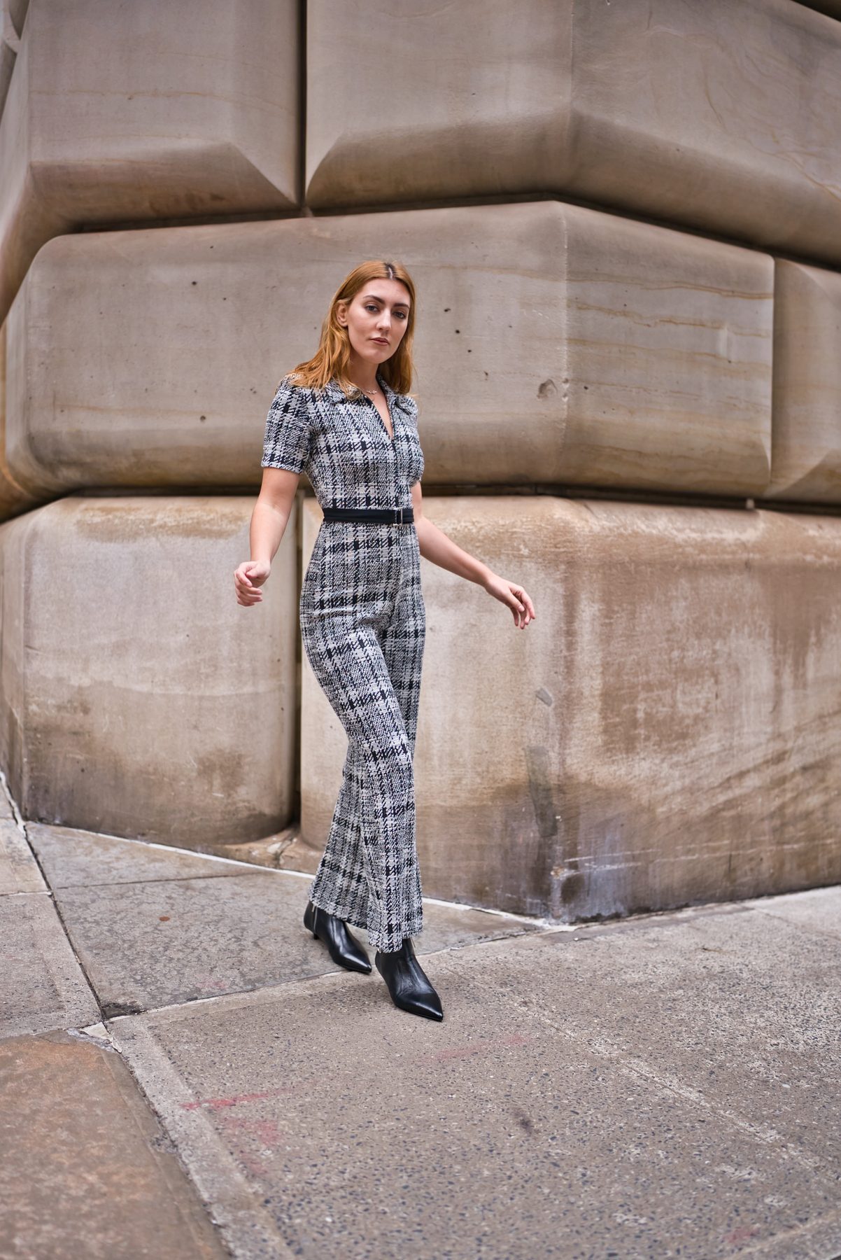 Grey plaid tailored look on the street